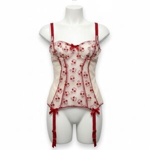 Adore Me Corset Lingerie Bustier 36C Red Mesh Hearts Sexy Coquette Gerter Top